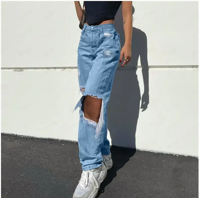 2022 Women's Ripped Denim Jeans Slim Fit Europe USA - Image 4