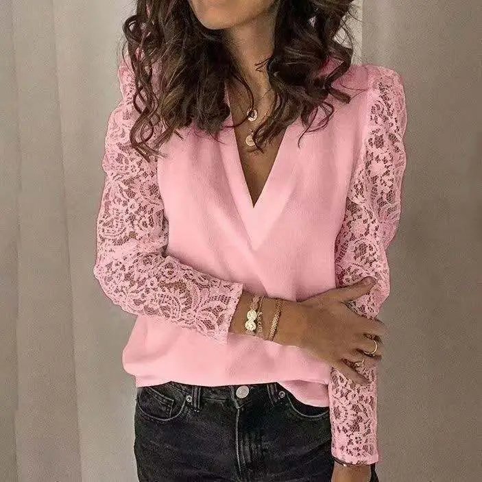 Pink Lace Long Sleeve Women's Shirt - Image 2