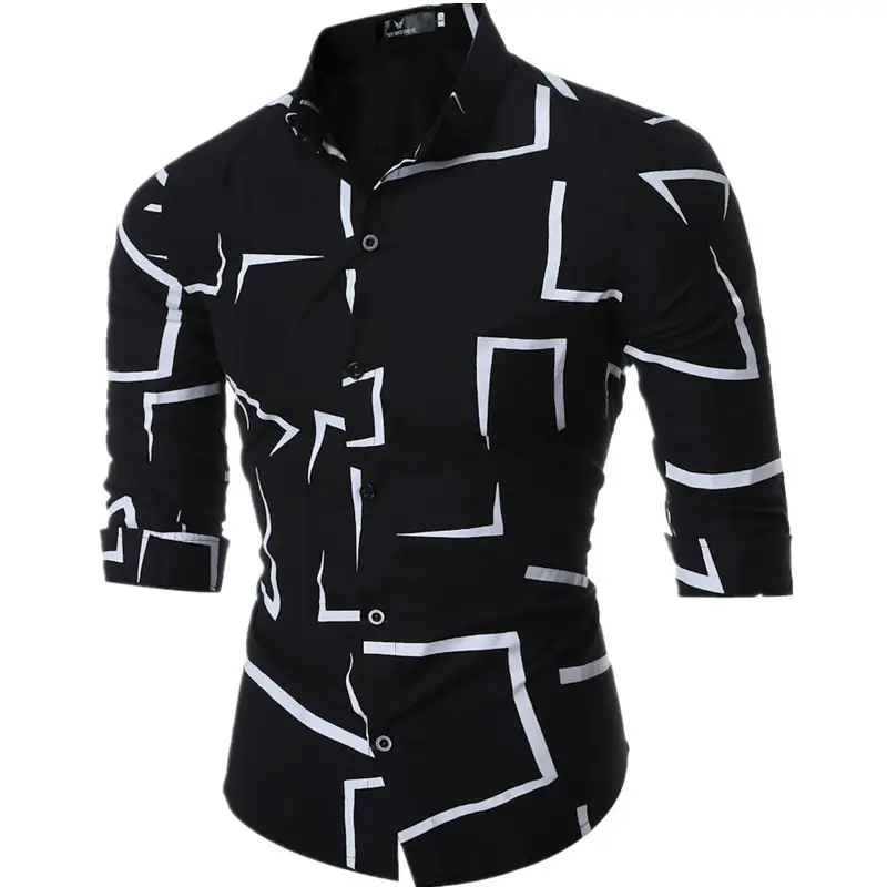 Men's Black Geometric Slim Fit Long Sleeve Shirt
