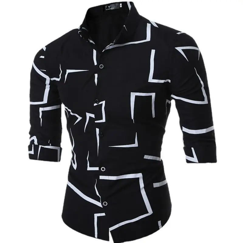 Men's Black Geometric Slim Fit Long Sleeve Shirt