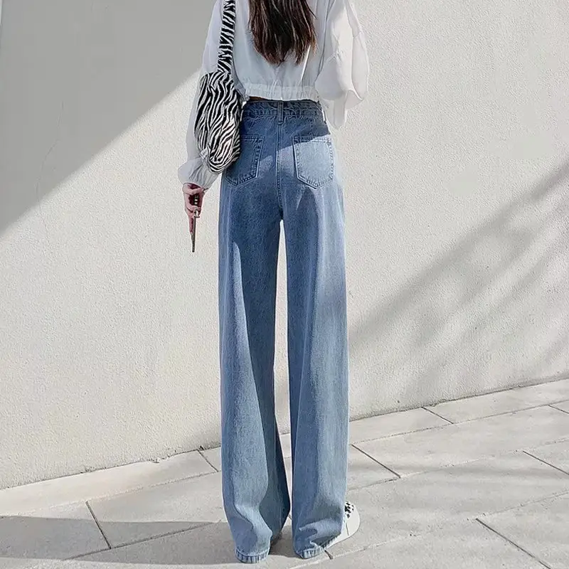 Women Adjustable Waist Slim Jeans Summer High Waist Loose Straight - Image 8