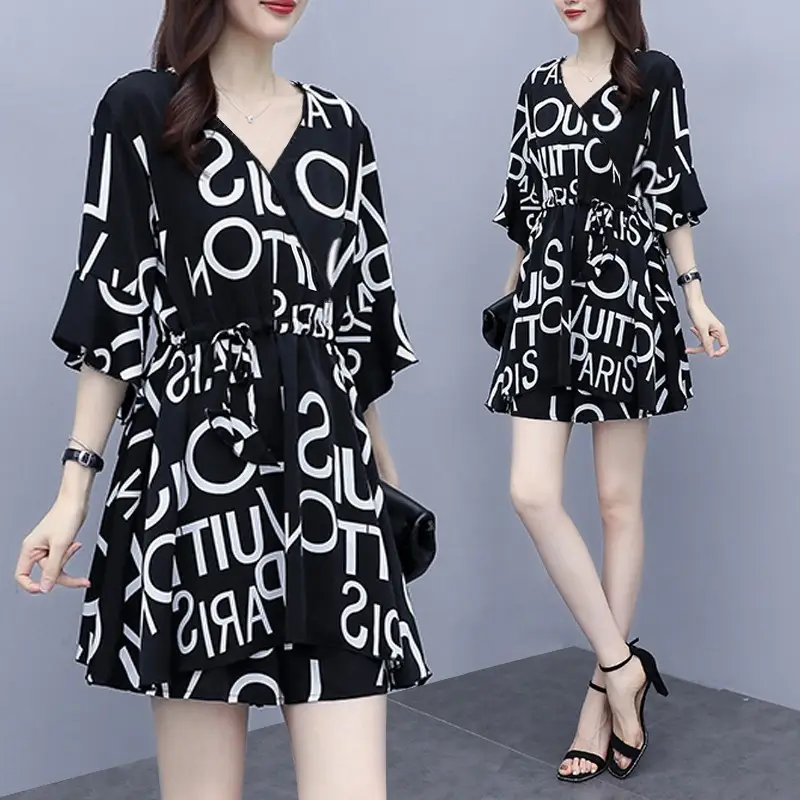 Black Banana Print Belted Skirt Suit for Women - Image 8