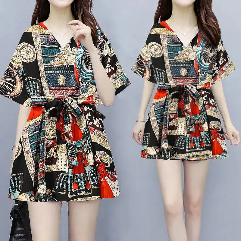 Black Banana Print Belted Skirt Suit for Women — feature 2