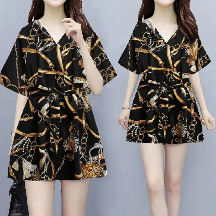 Black Banana Print Belted Skirt Suit for Women - Image 3