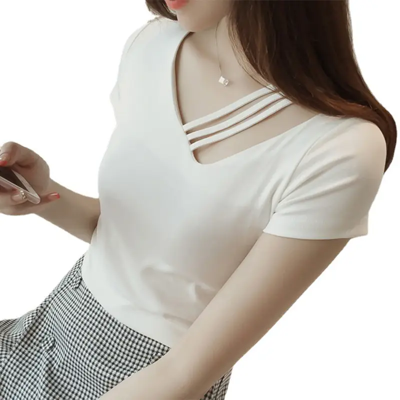 Women Black V-Neck Slim Fit T-Shirt 2025 Summer - Image 6