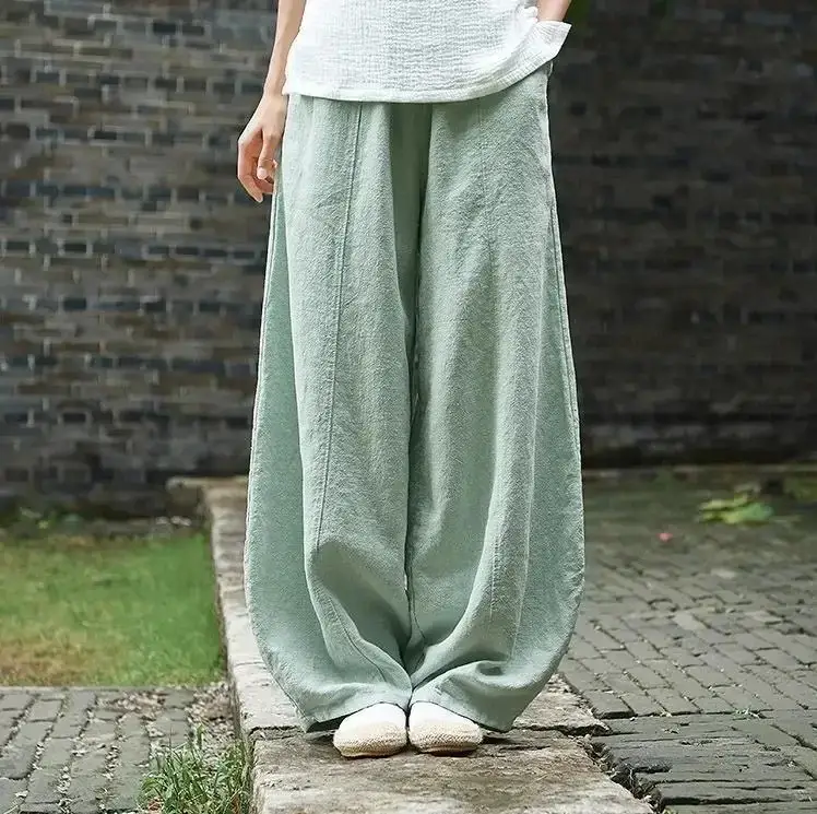 Women Cotton Linen Loose Pants Green Large Summer - Image 5