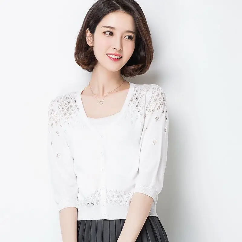 Women Cut Out Knitted Sun Protection Cardigan - Image 9