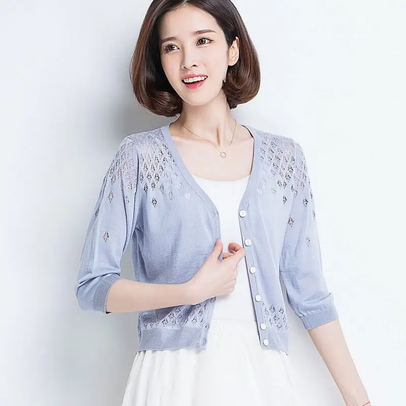 Women Cut Out Knitted Sun Protection Cardigan - Image 5