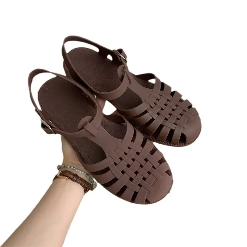 2025 New Roman Sandals Soft Jelly Shallow Mouth Flat Heel Baotou Temperament Plaid Women's Single Shoes Non-Slip Plastic Shoes - Image 9