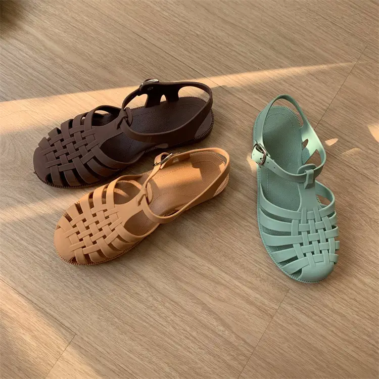 2025 New Roman Sandals Soft Jelly Shallow Mouth Flat Heel Baotou Temperament Plaid Women's Single Shoes Non-Slip Plastic Shoes — feature 4
