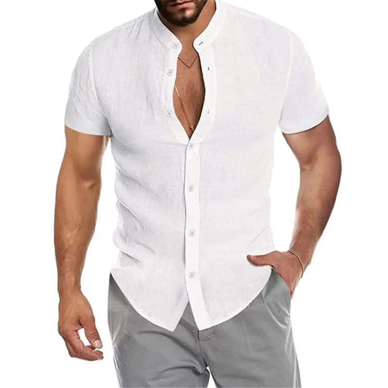 Men's White Cross-Border Short Sleeve Button Shirt - Image 9