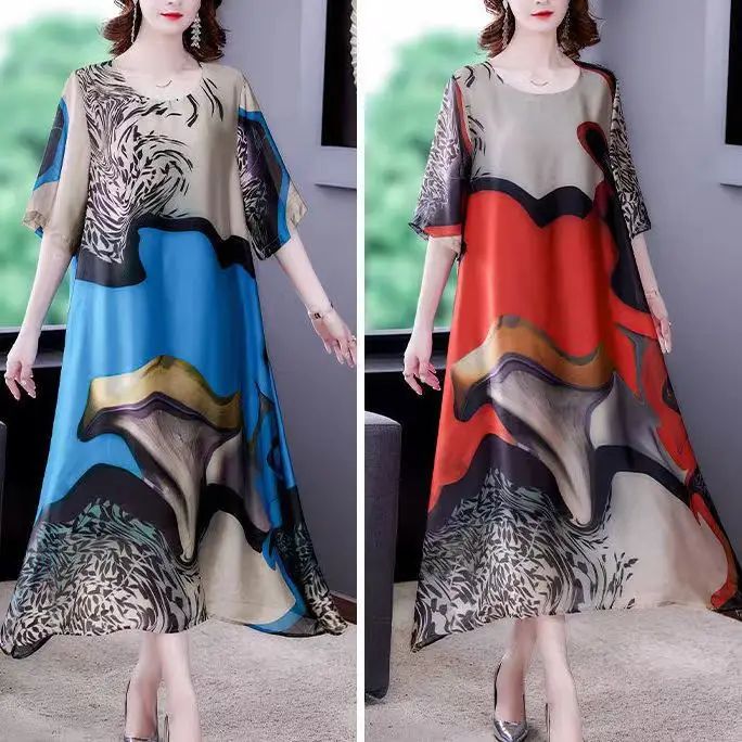 Large Size Printed Dress Women Summer New Round Neck Mother Dress - Image 3