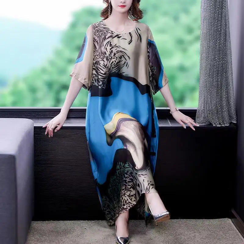 Large Size Printed Dress Women Summer New Round Neck Mother Dress - Image 5