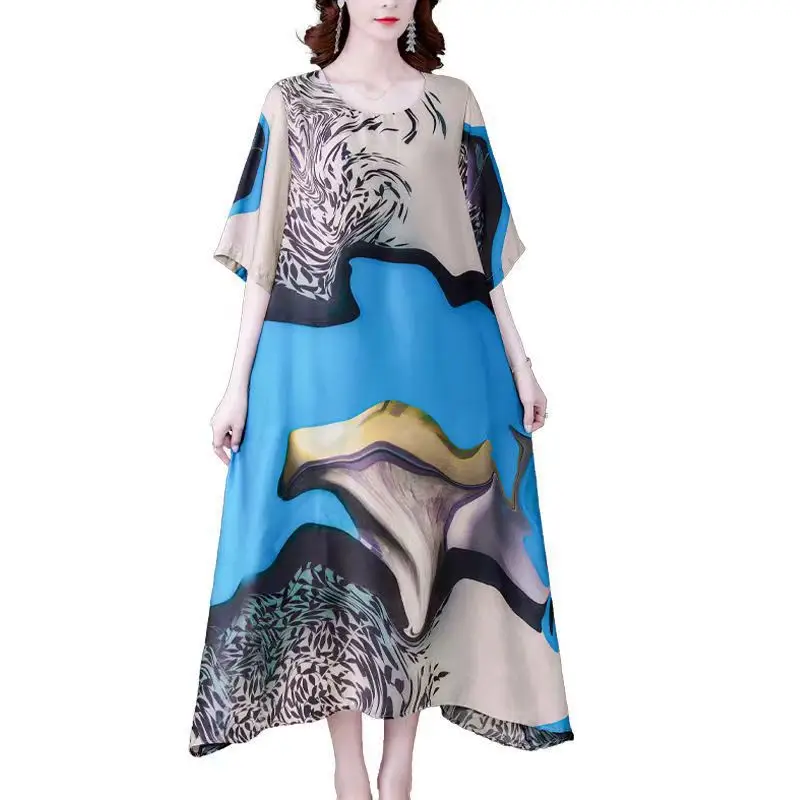 Large Size Printed Dress Women Summer New Round Neck Mother Dress - Image 6
