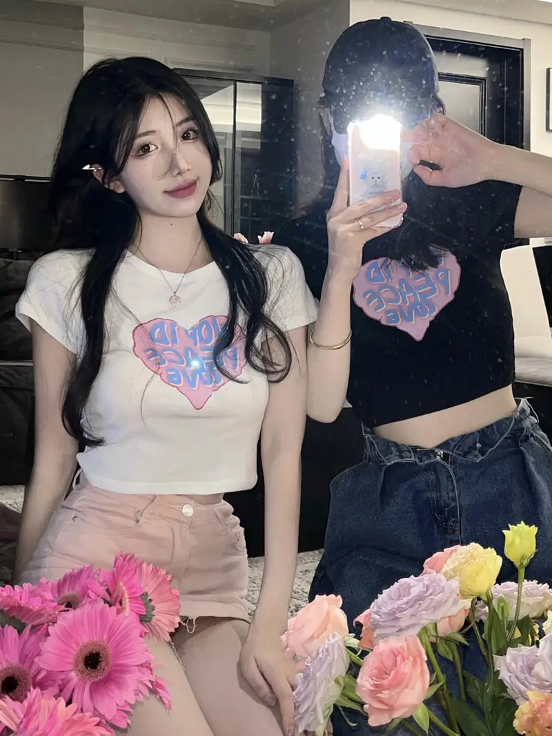 Women Short Sleeve T-Shirt White Heart Print 2025 - Image 3