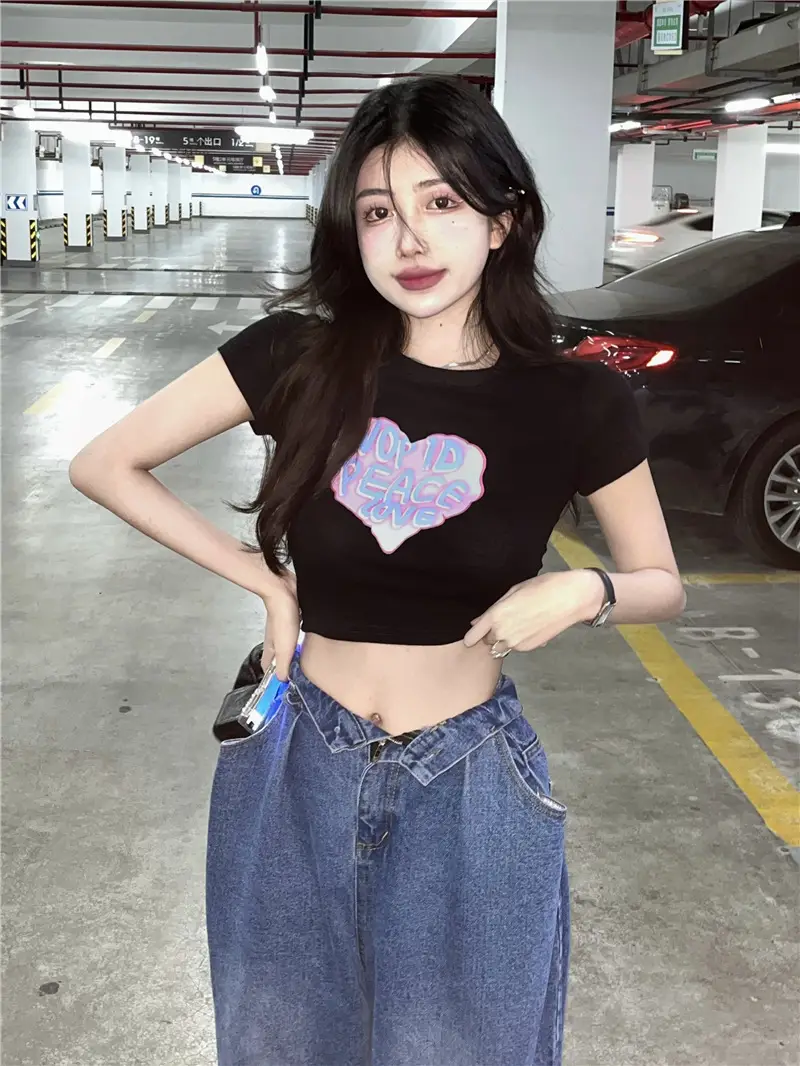 Women Short Sleeve T-Shirt White Heart Print 2025 - Image 4