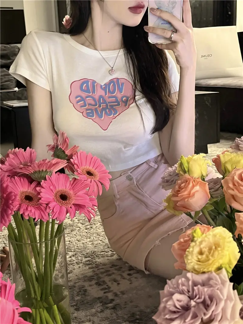 Women Short Sleeve T-Shirt White Heart Print 2025 - Image 5