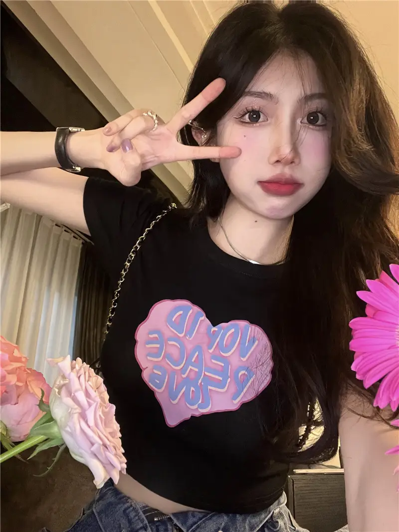 Women Short Sleeve T-Shirt White Heart Print 2025 - Image 6