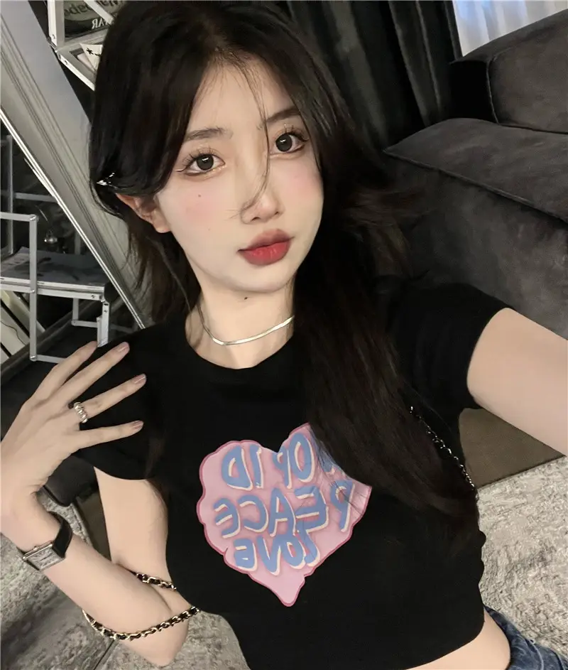 Women Short Sleeve T-Shirt White Heart Print 2025 — feature 13