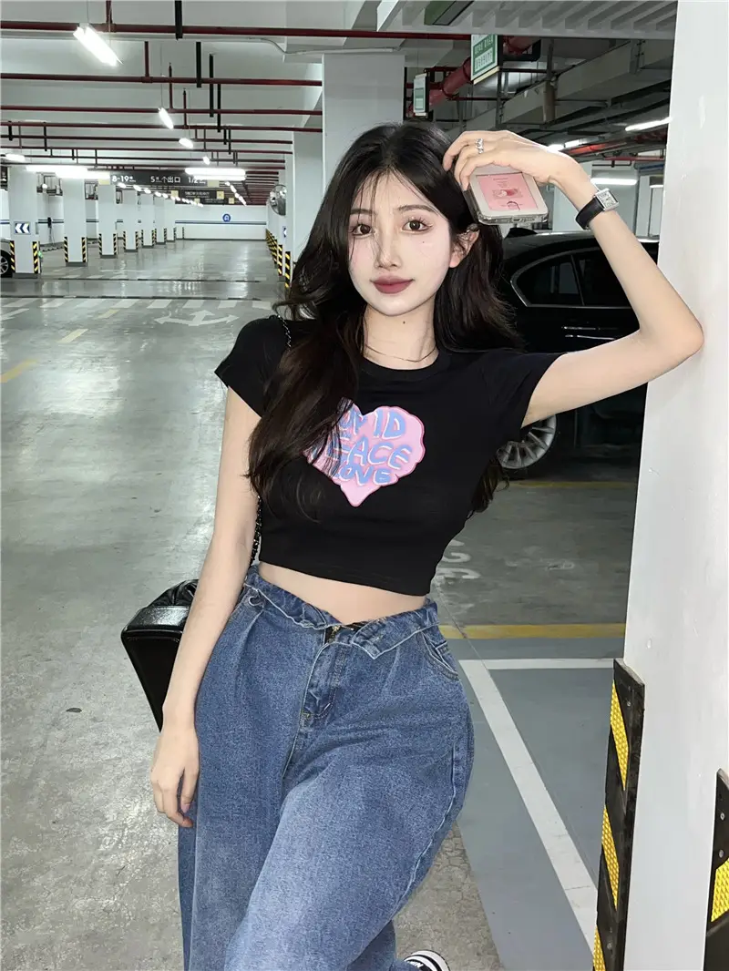 Women Short Sleeve T-Shirt White Heart Print 2025 — feature 14