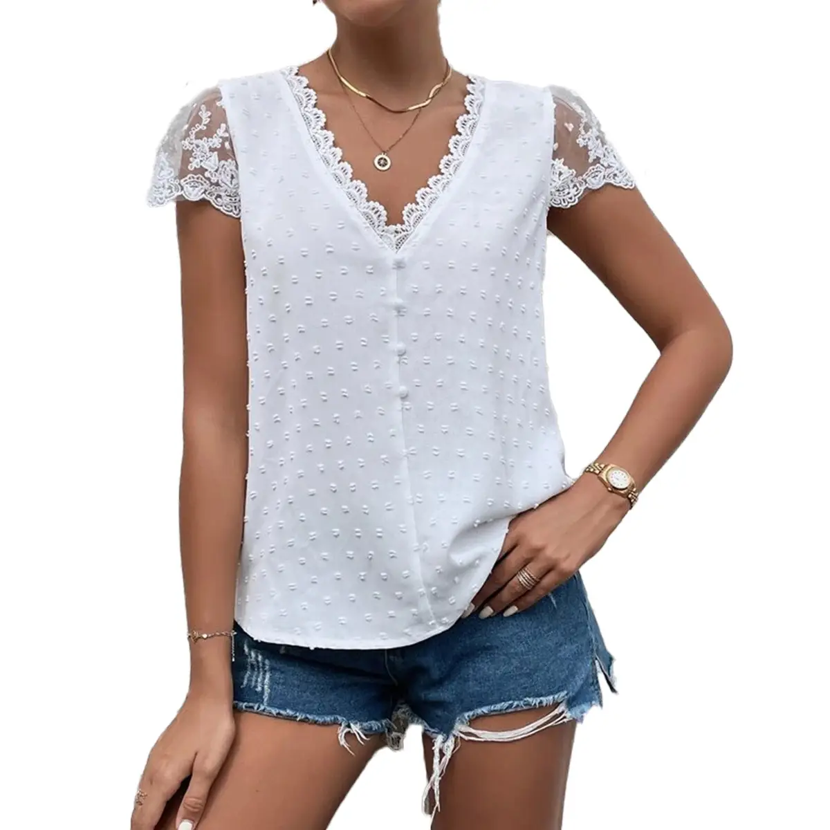 Women's Light Blue Lace V Neck Shirt with Button Front