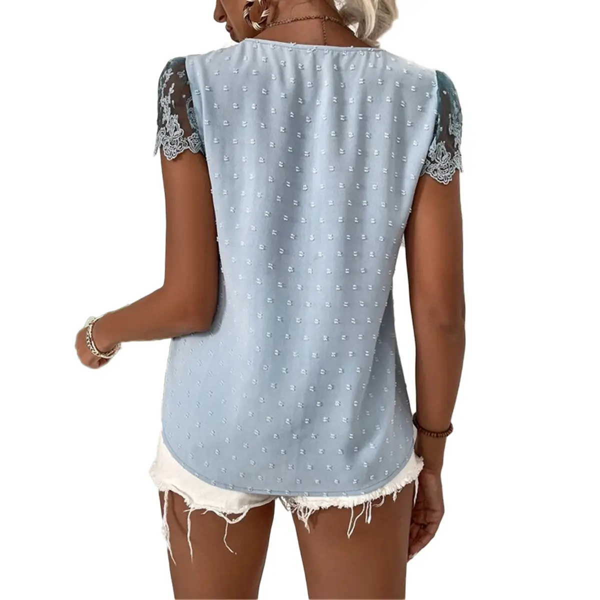 Women's Light Blue Lace V Neck Shirt with Button Front