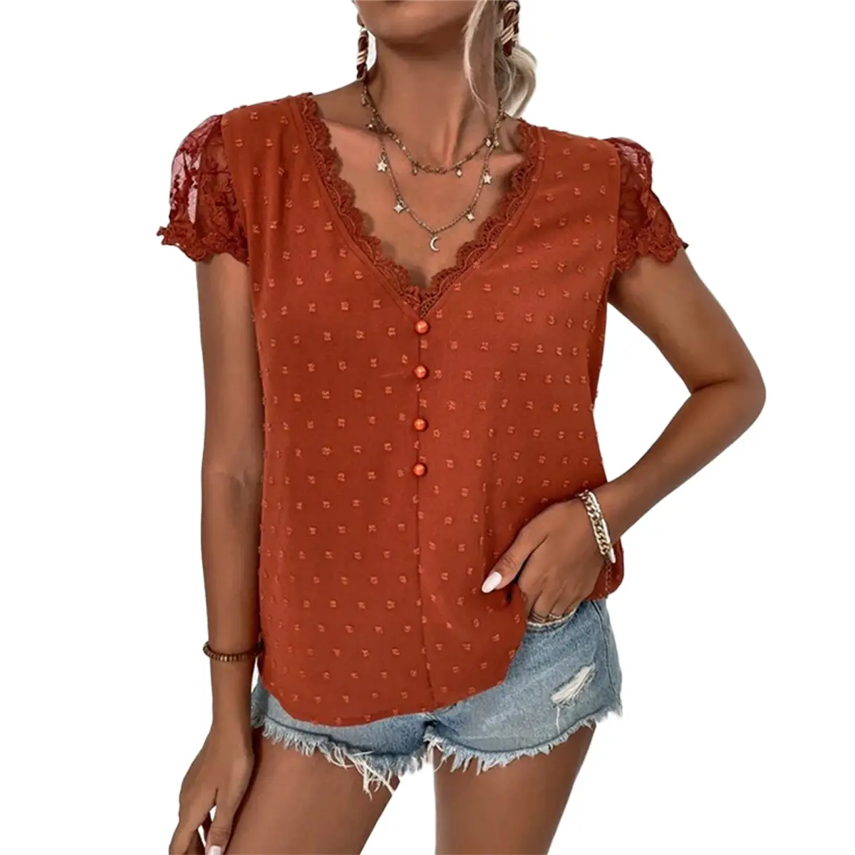 Women's Light Blue Lace V Neck Shirt with Button Front