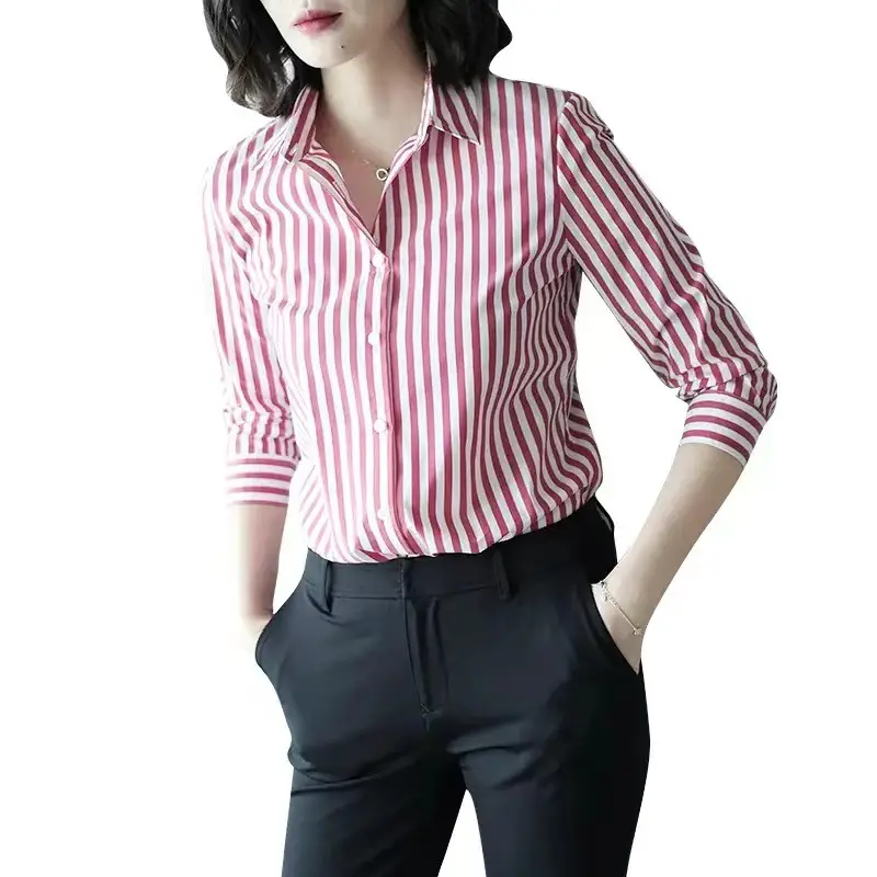 Long Sleeve Striped Shirt Red White Women Slim Fit