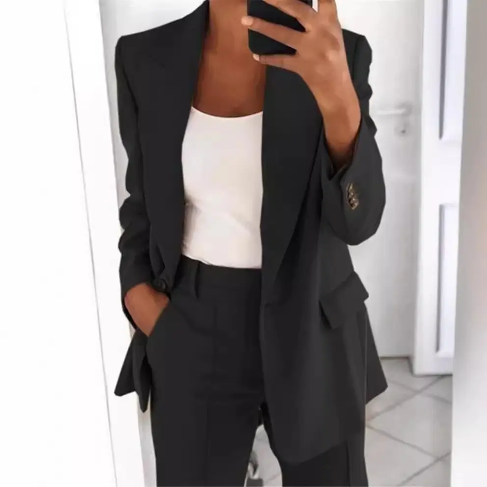 Blue Slim Fit Women's Suit Coat Set with Lapels - Image 2