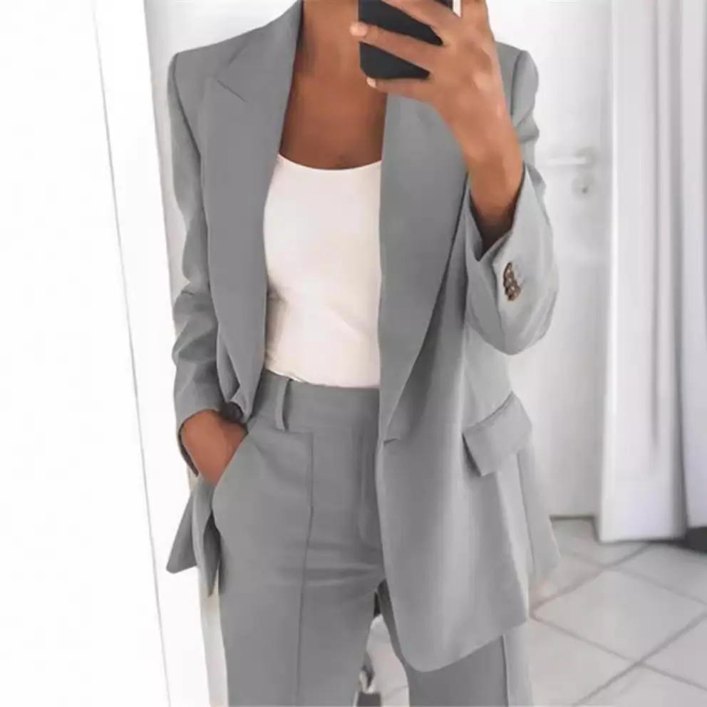 Blue Slim Fit Women's Suit Coat Set with Lapels - Image 3