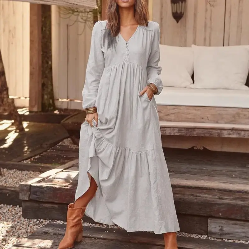2023 Women Cotton Linen Long Sleeve Dress Multi Color Large Swing - Image 10