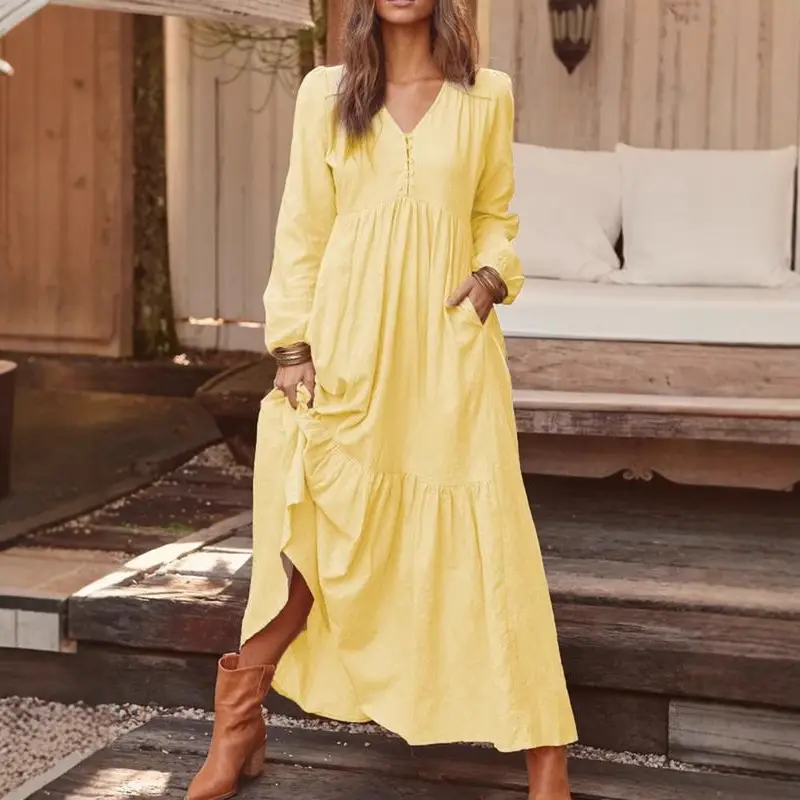 2023 Women Cotton Linen Long Sleeve Dress Multi Color Large Swing - Image 11