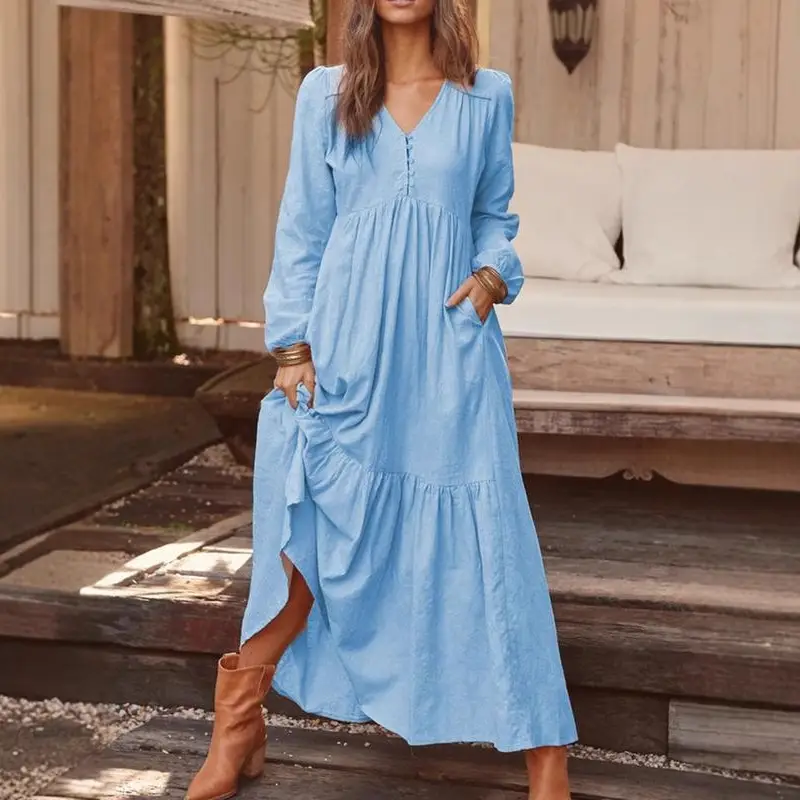 2023 Women Cotton Linen Long Sleeve Dress Multi Color Large Swing - Image 12