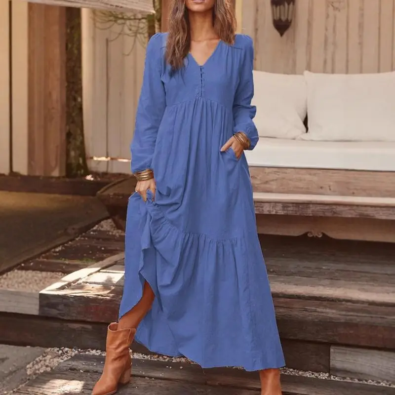 2023 Women Cotton Linen Long Sleeve Dress Multi Color Large Swing - Image 13