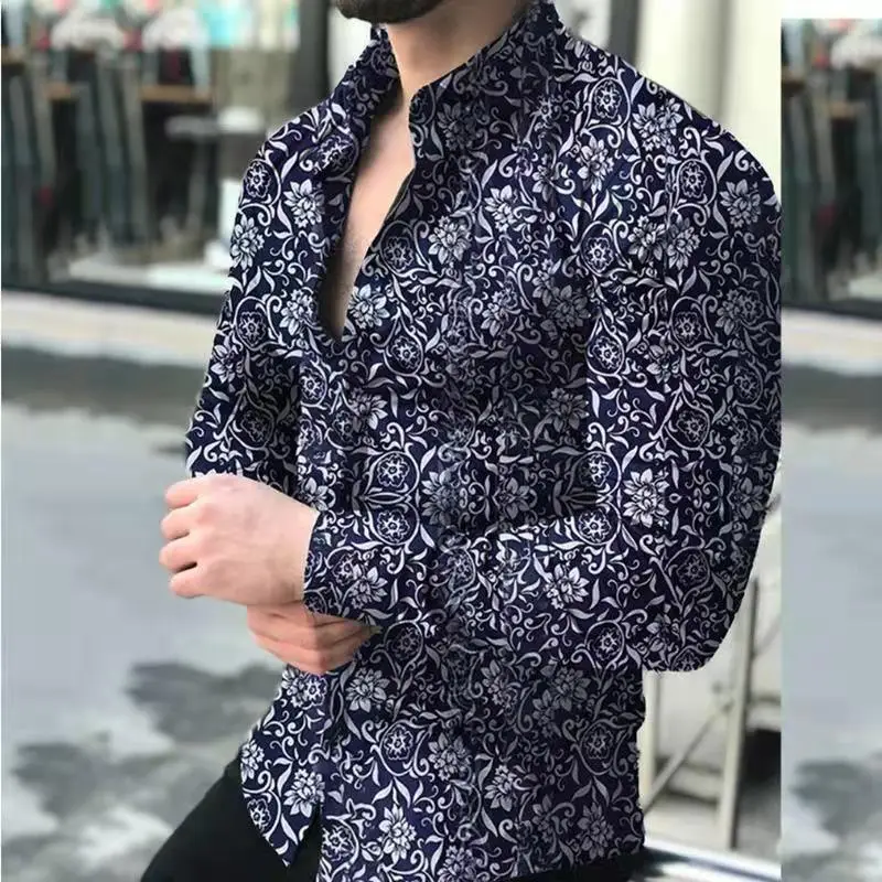 Men's Floral Pattern Long Sleeve Shirt Black White