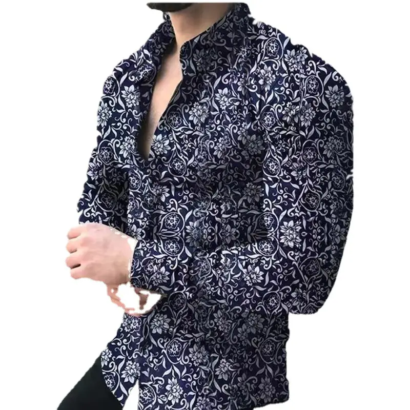 Men's Floral Pattern Long Sleeve Shirt Black White