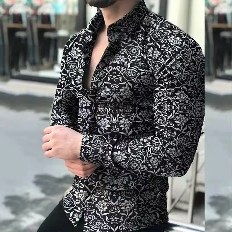 Men's Floral Pattern Long Sleeve Shirt Black White