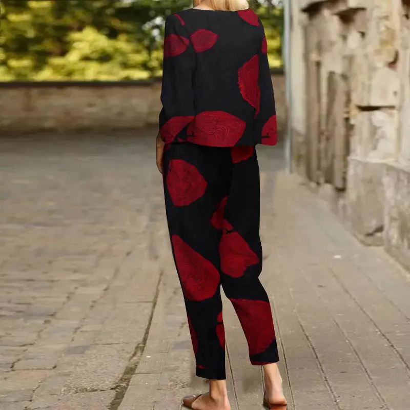 Women's 2022 Printed Cotton Top & Pants Set Gray Black — feature 10