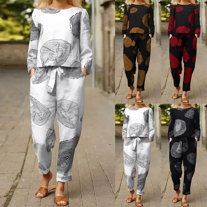 Women's 2022 Printed Cotton Top & Pants Set Gray Black — feature 2