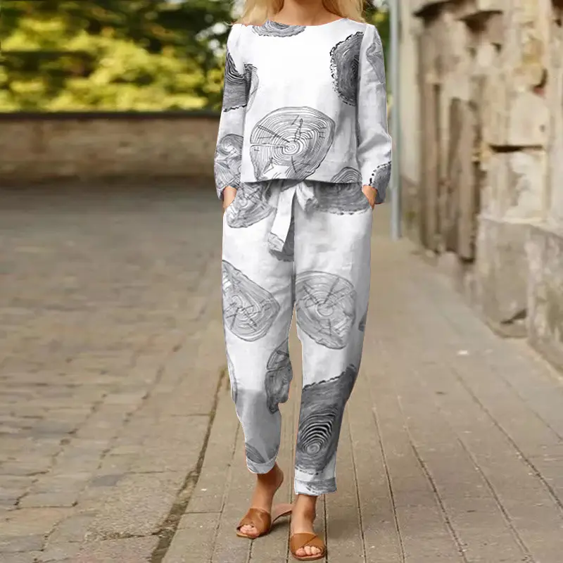 Women's 2022 Printed Cotton Top & Pants Set Gray Black — feature 3