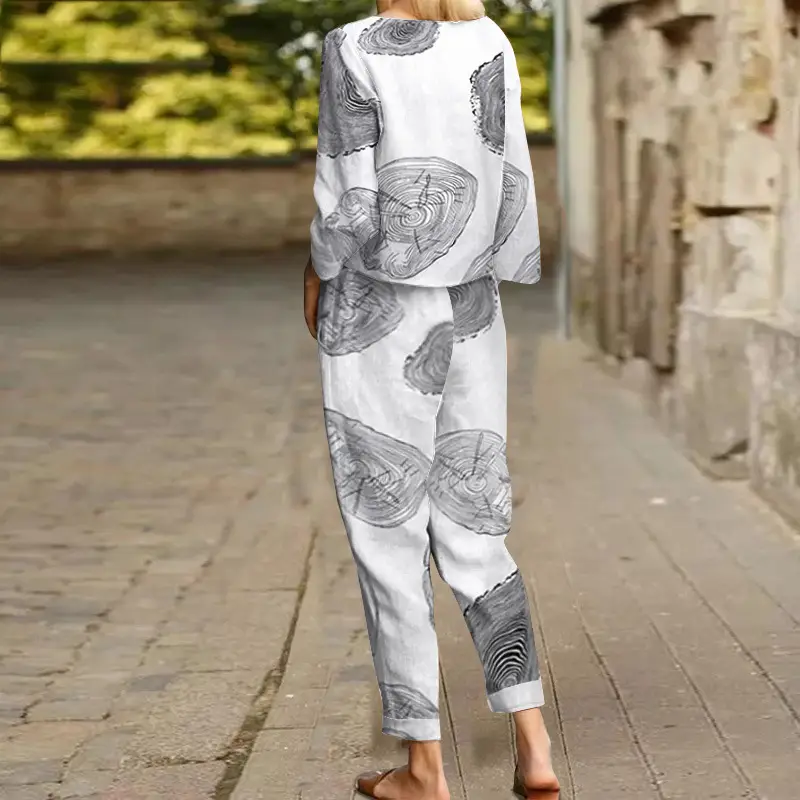 Women's 2022 Printed Cotton Top & Pants Set Gray Black — feature 4