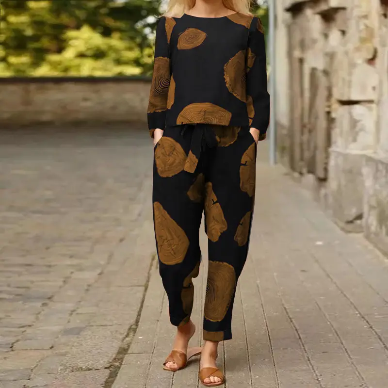 Women's 2022 Printed Cotton Top & Pants Set Gray Black — feature 5