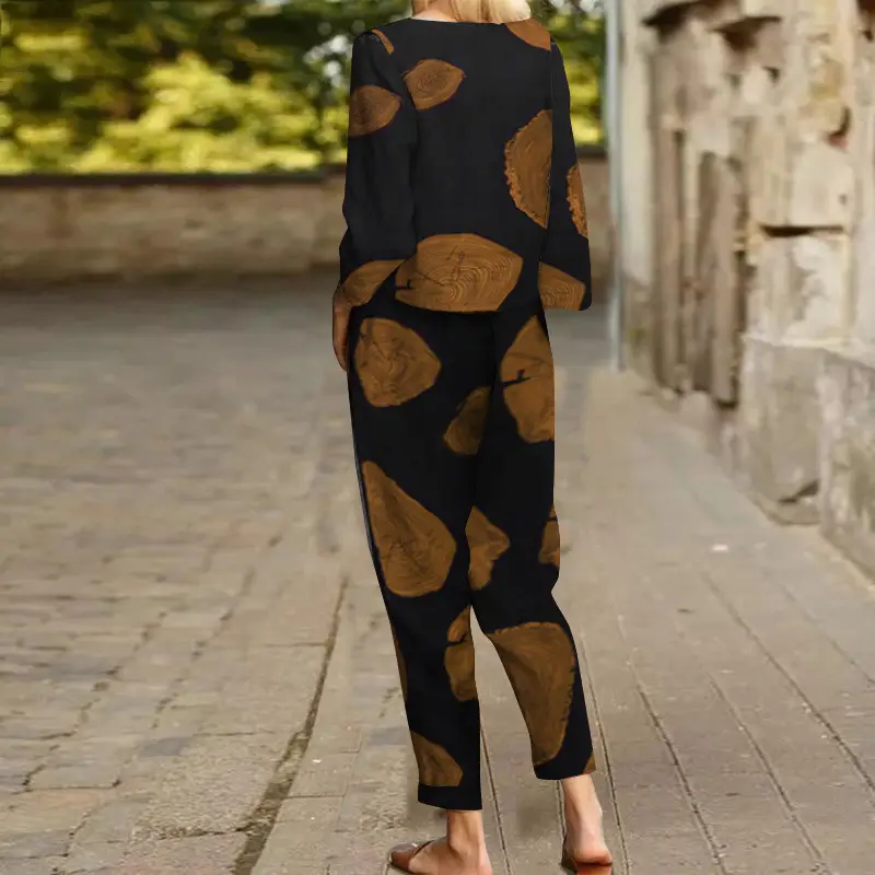 Women's 2022 Printed Cotton Top & Pants Set Gray Black — feature 6