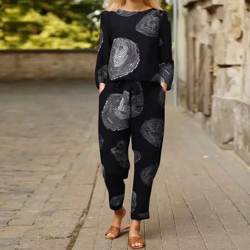 Women's 2022 Printed Cotton Top & Pants Set Gray Black — feature 7