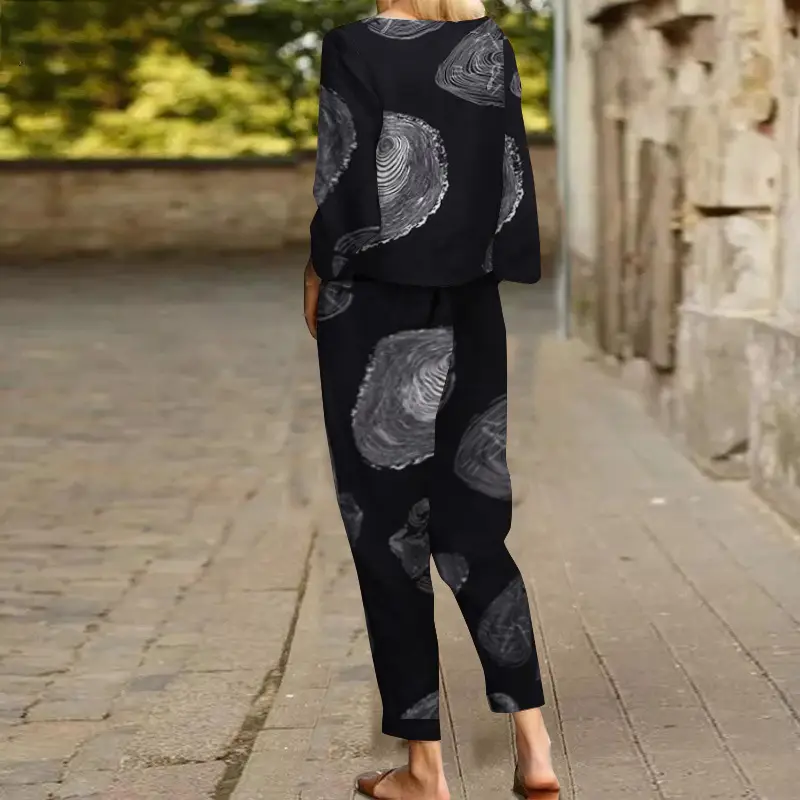 Women's 2022 Printed Cotton Top & Pants Set Gray Black — feature 8