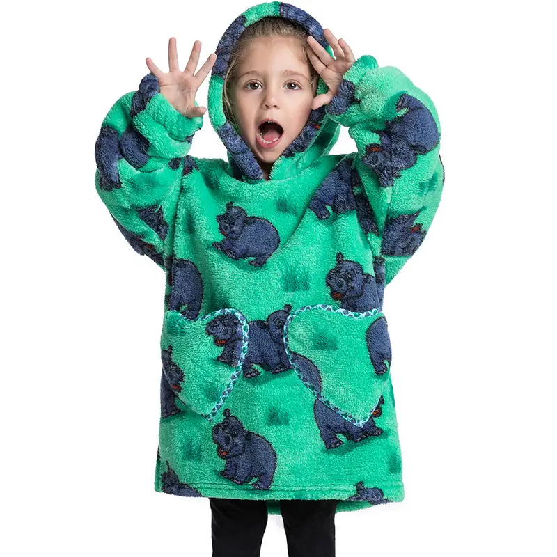 Kids Hooded Warm Blanket with Cartoon Print