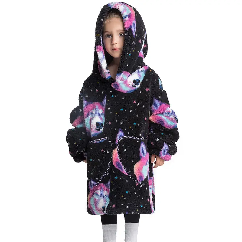 Kids Hooded Warm Blanket with Cartoon Print