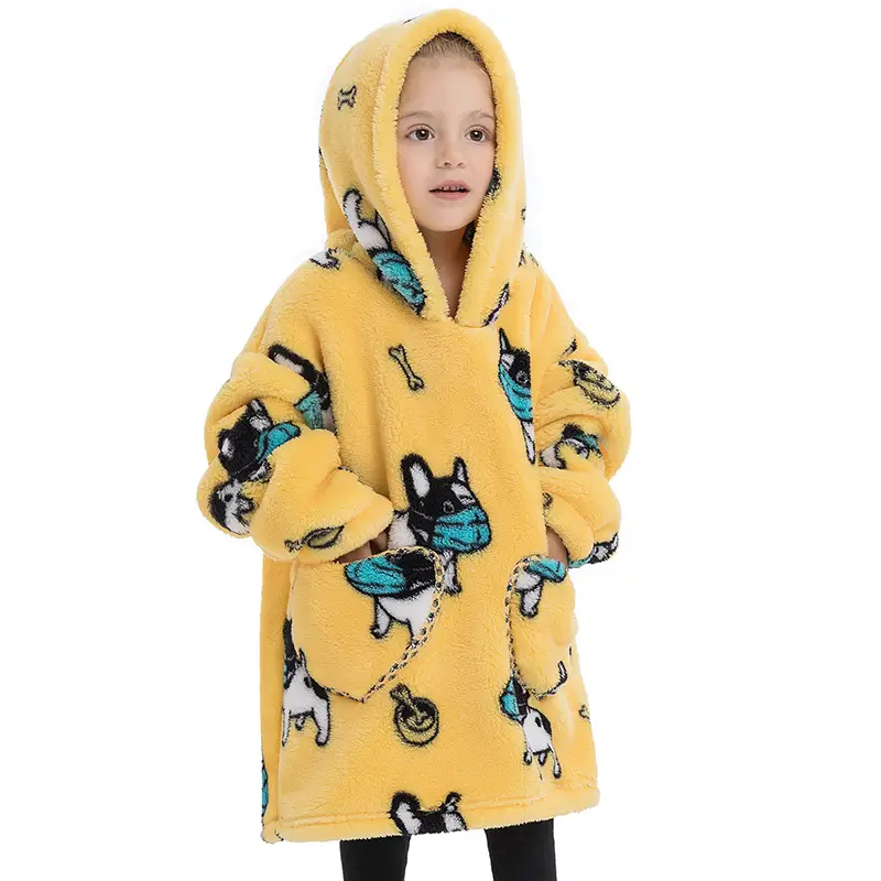 Kids Hooded Warm Blanket with Cartoon Print