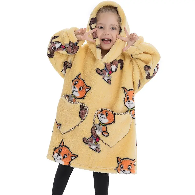Kids Hooded Warm Blanket with Cartoon Print