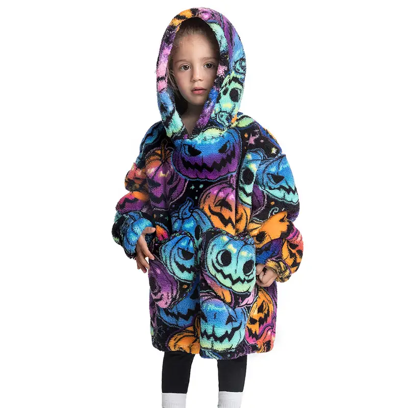 Kids Hooded Warm Blanket with Cartoon Print